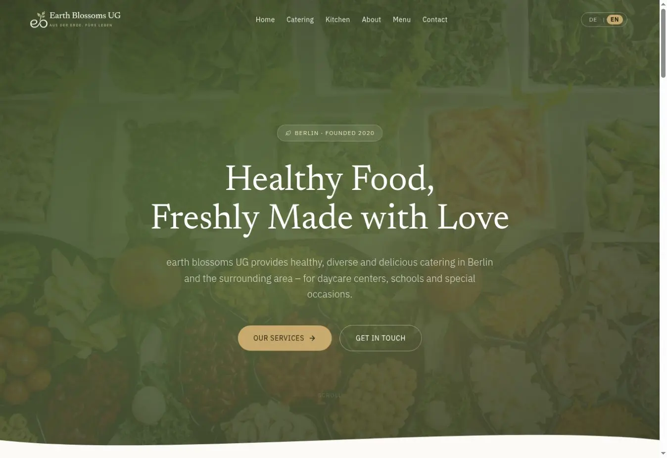 Earth Blossoms catering website homepage